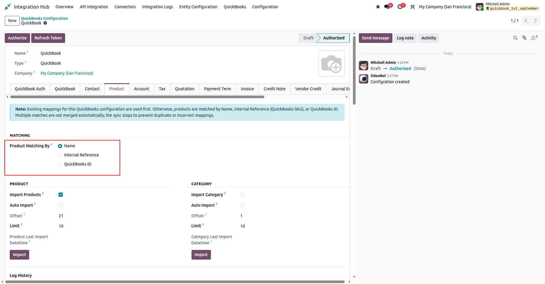 Product settings with product matching options.
