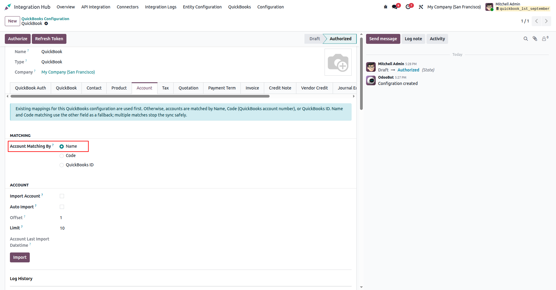 Account settings with account matching options.