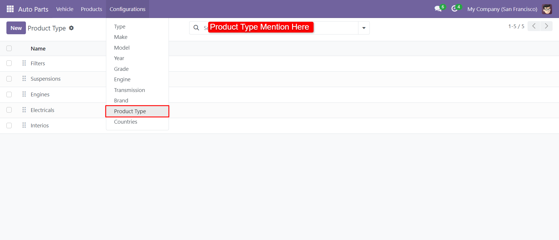 Auto part product type view.