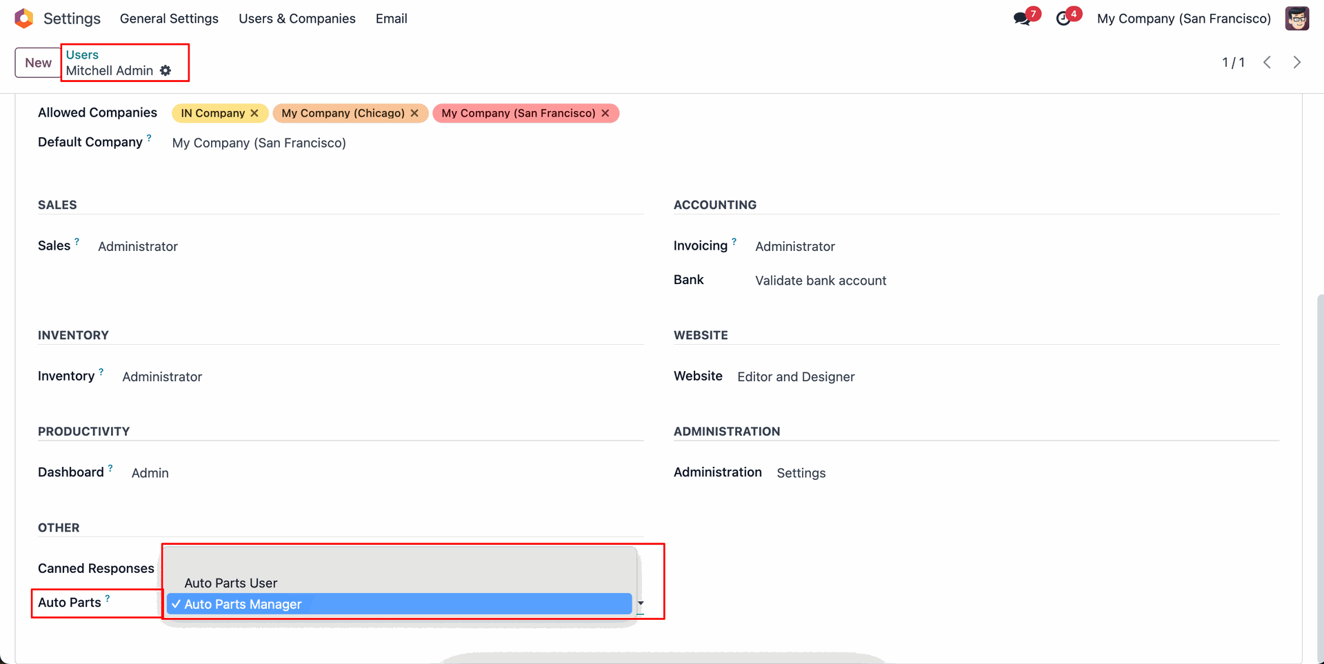 User access rights settings showing auto parts manager permissions.