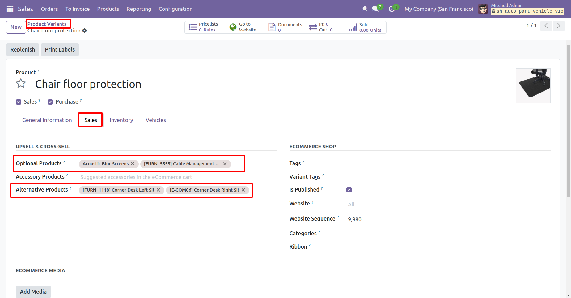 Use the product variant sales tab to add optional and alternative products.