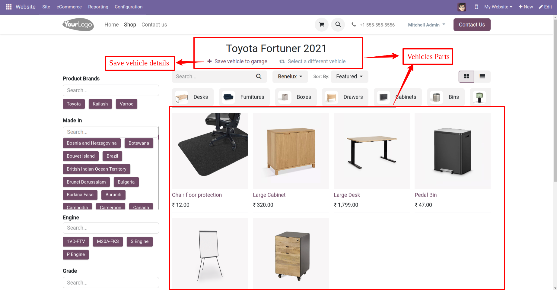 Save searched vehicles to the garage and view the vehicle parts.