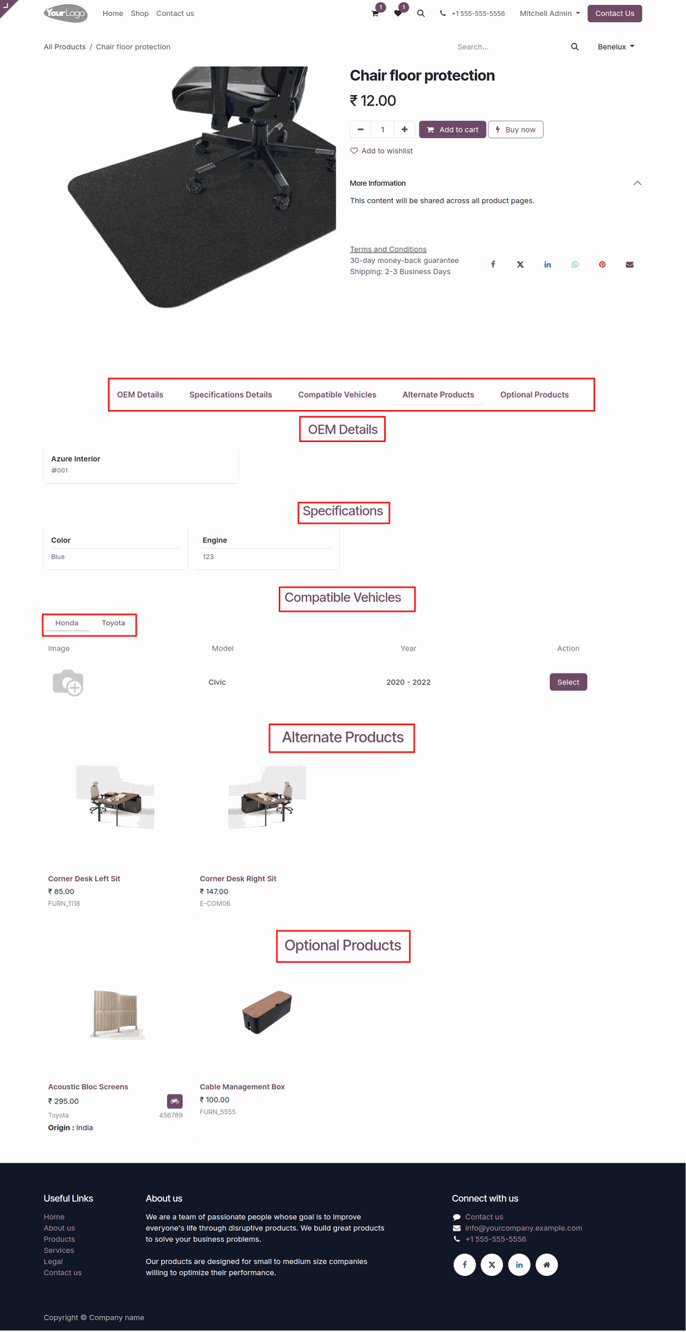 Product page interface displaying vehicle product information, specifications, and related products.