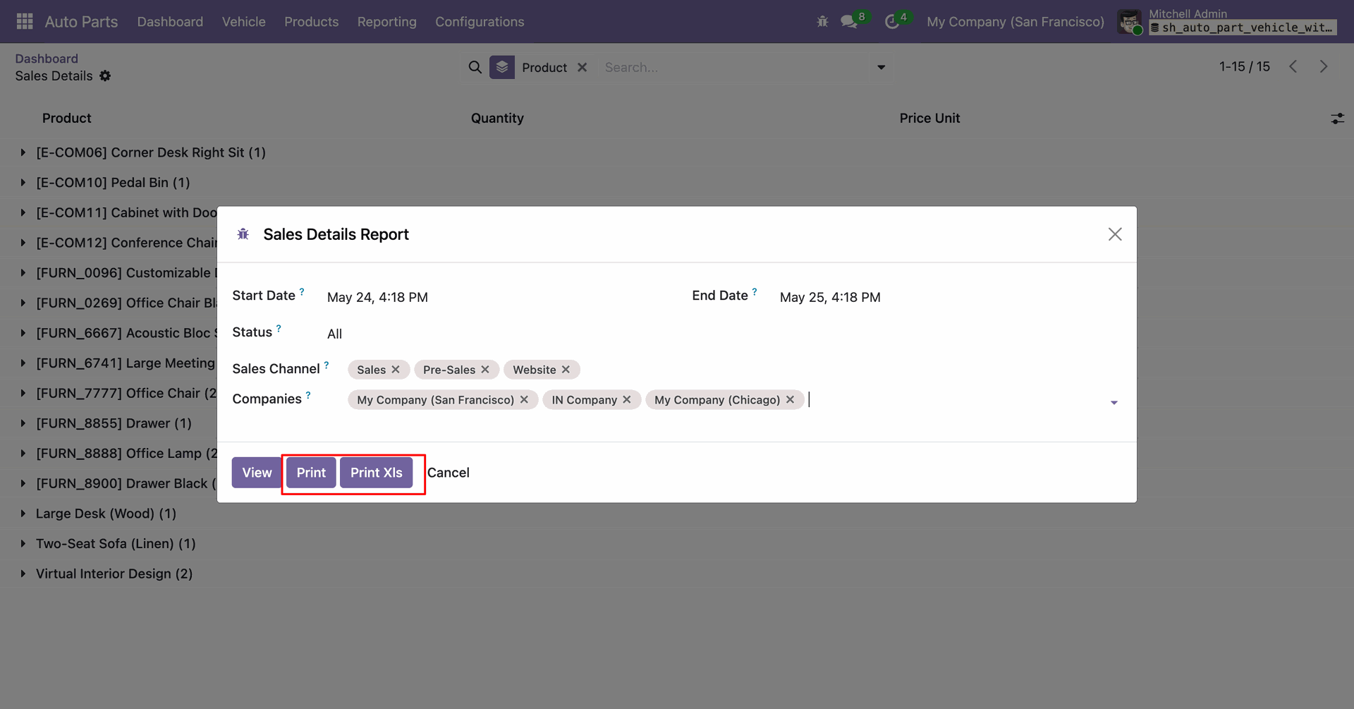 Sales details report window with options to view or print the report.