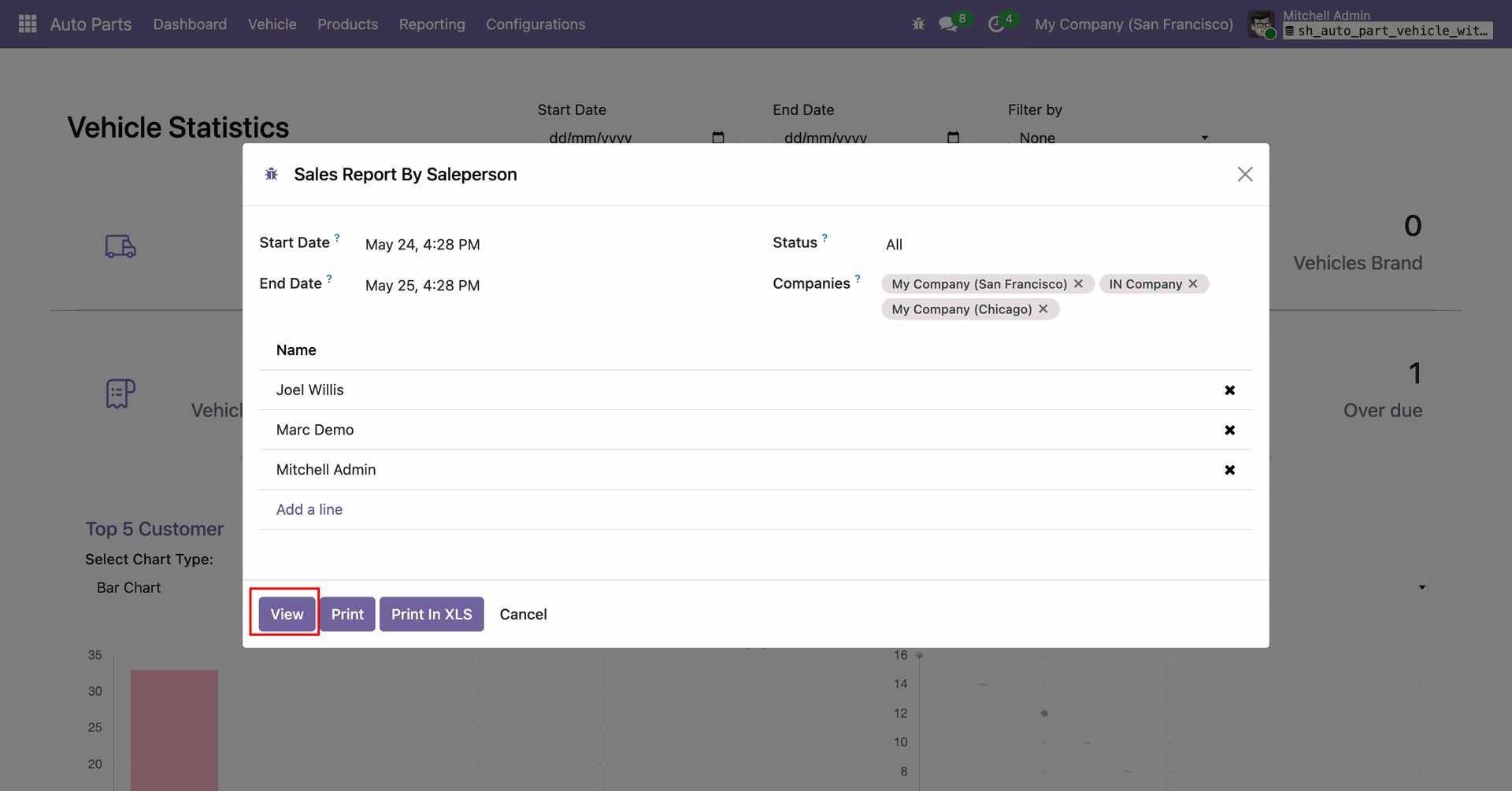 Sales report window showing salesperson details and report options.