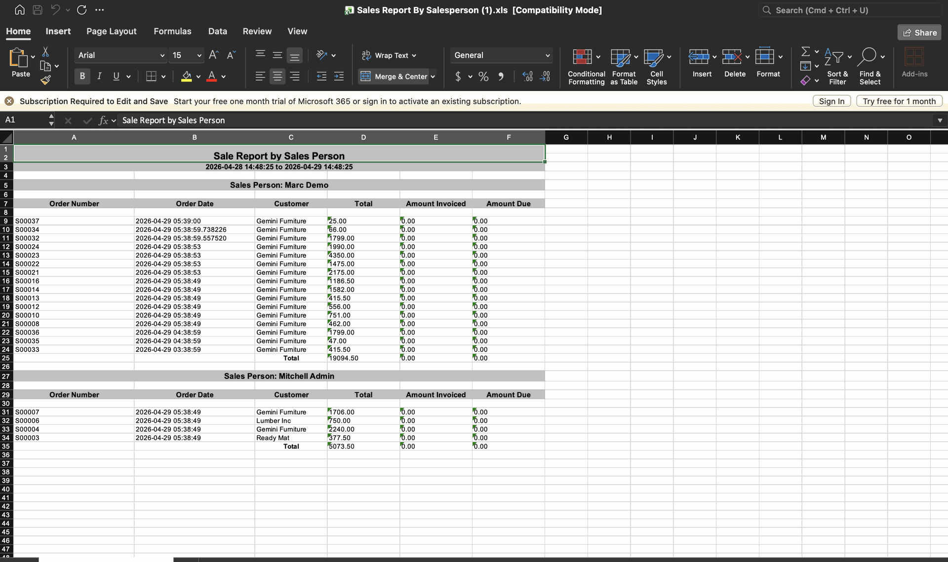 Salesperson report generated and exported in Excel format.