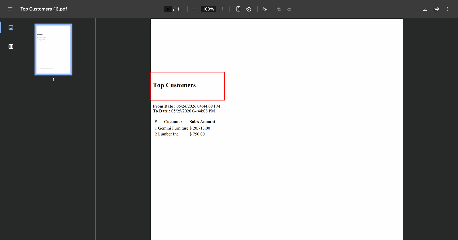 Top Customers report generated in PDF format.