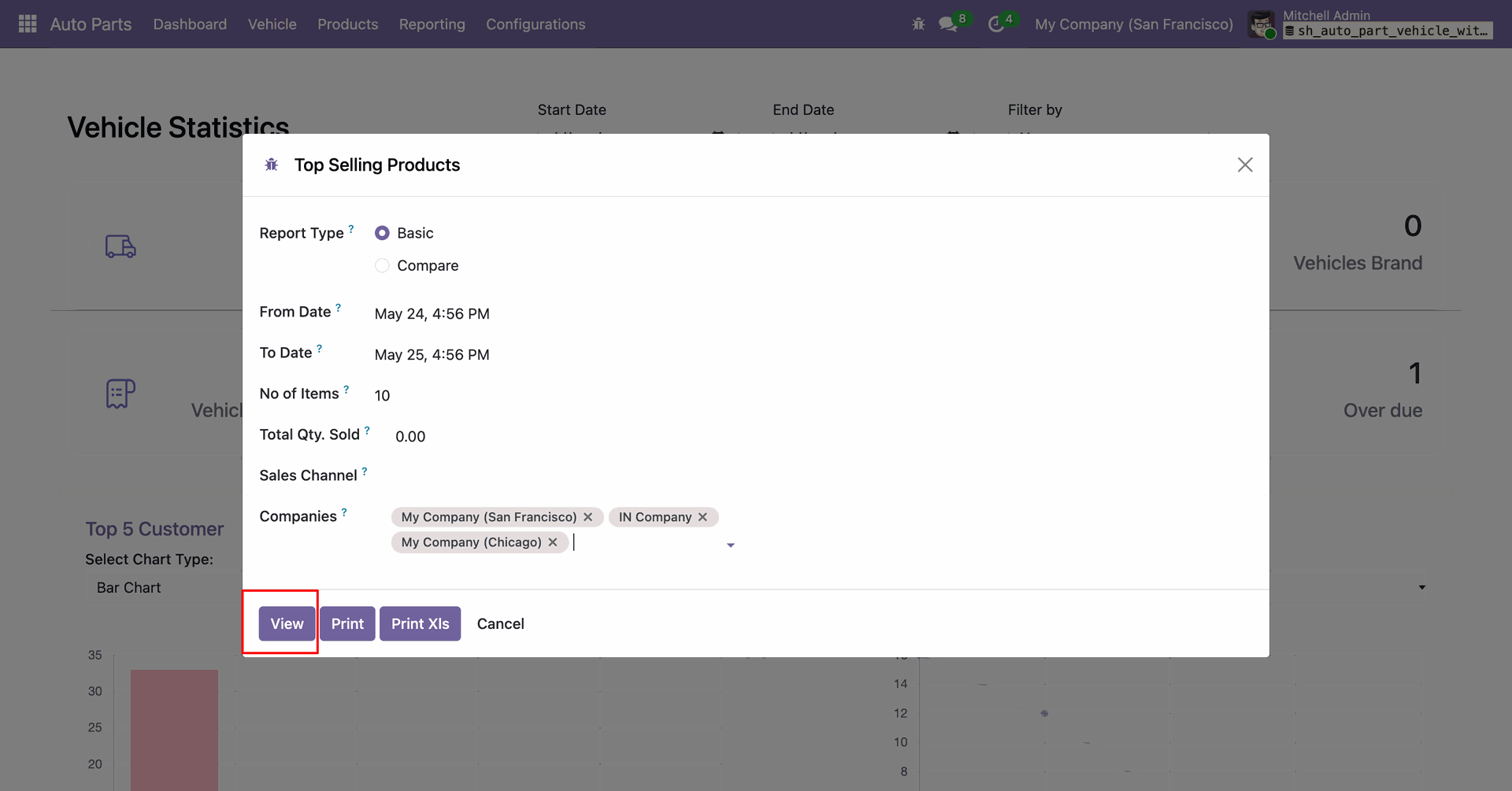 Top Selling Products report dialog with details and a View option to generate the report.