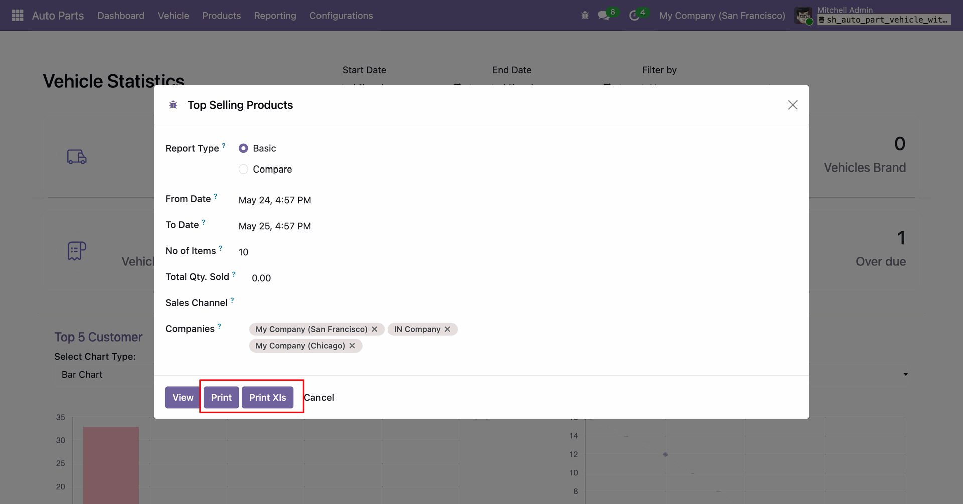 Top Selling Products report dialog with details and print options.