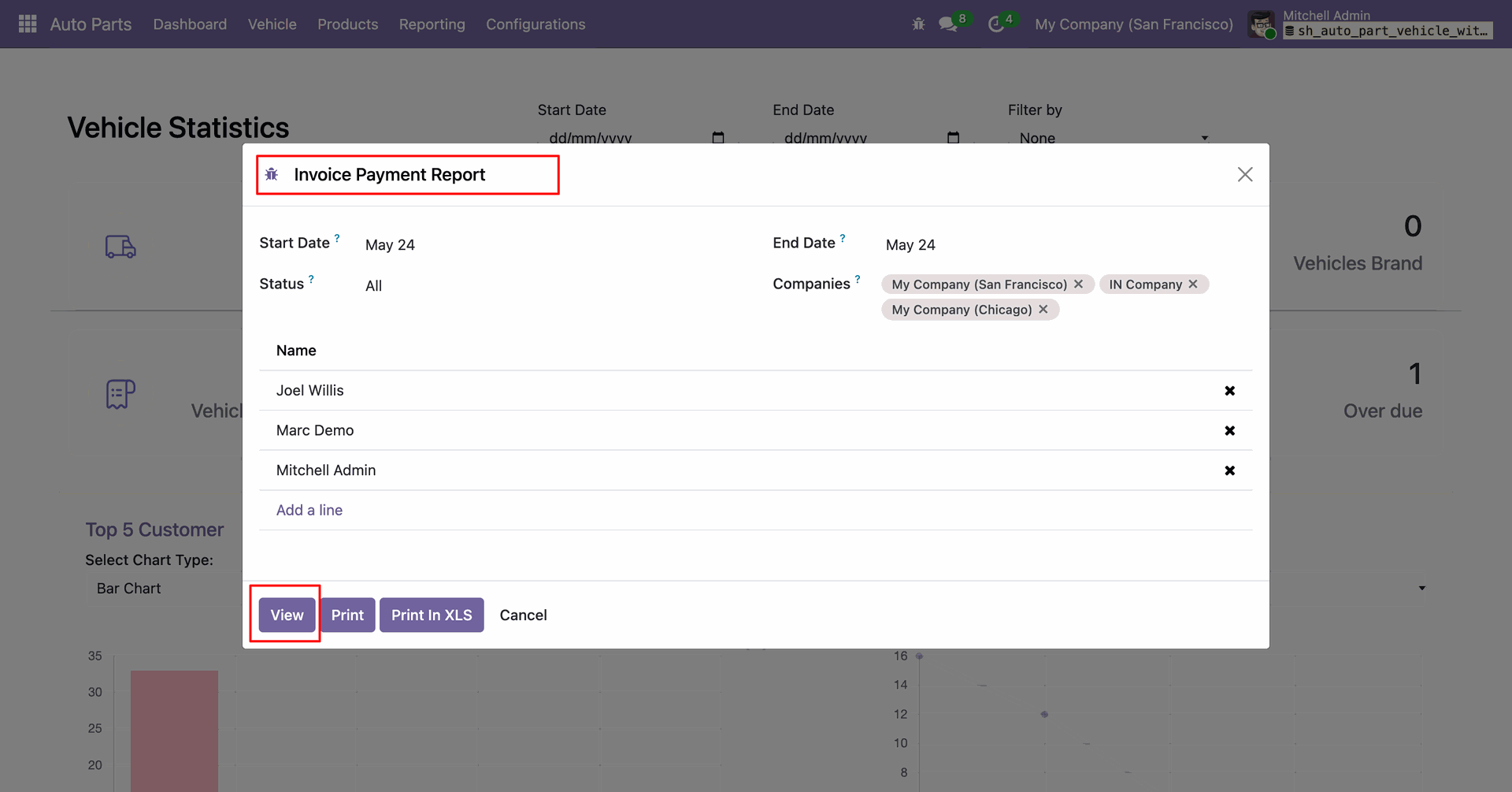 Invoice Payment Report dialog with date, status, company, and View options.