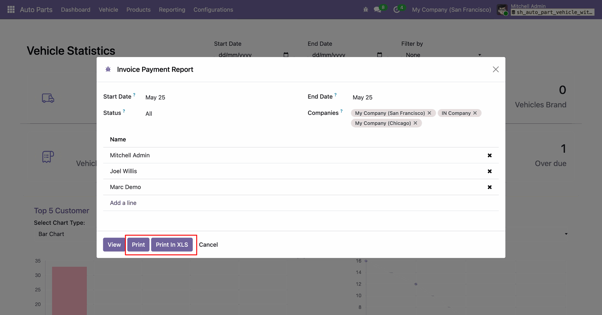 Invoice Payment Report dialog with date, status, company, and print options.