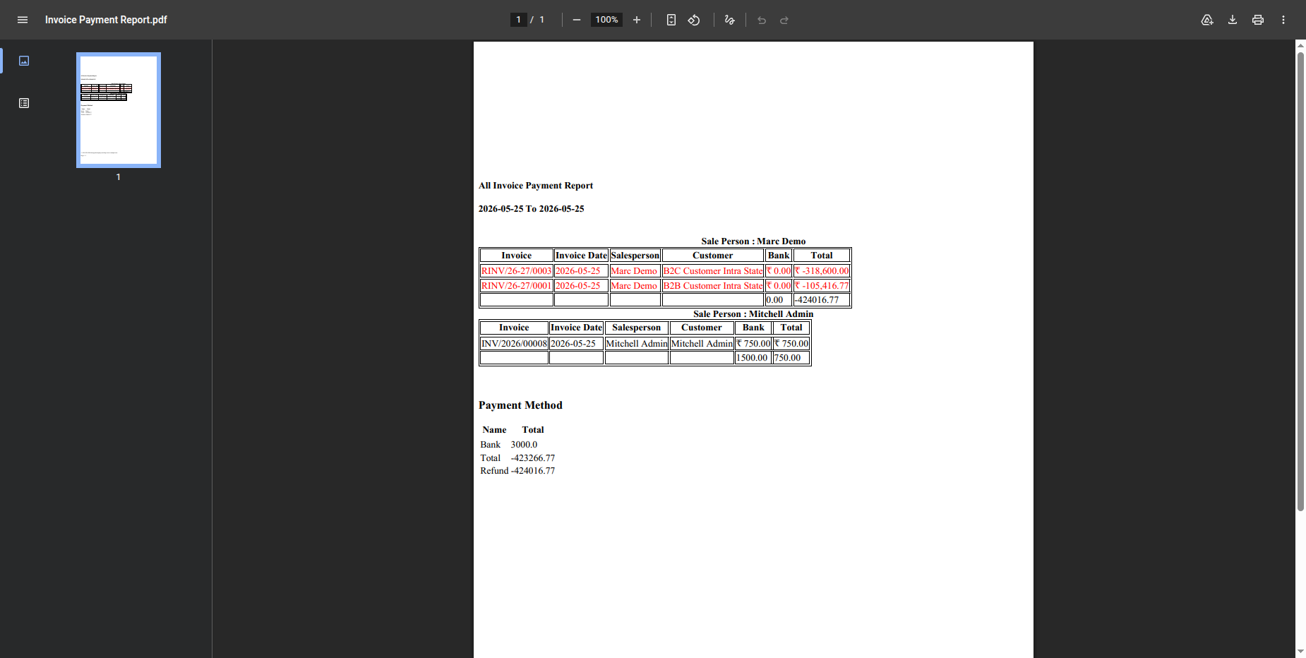 The invoice payment report will be created and downloaded in PDF format.
