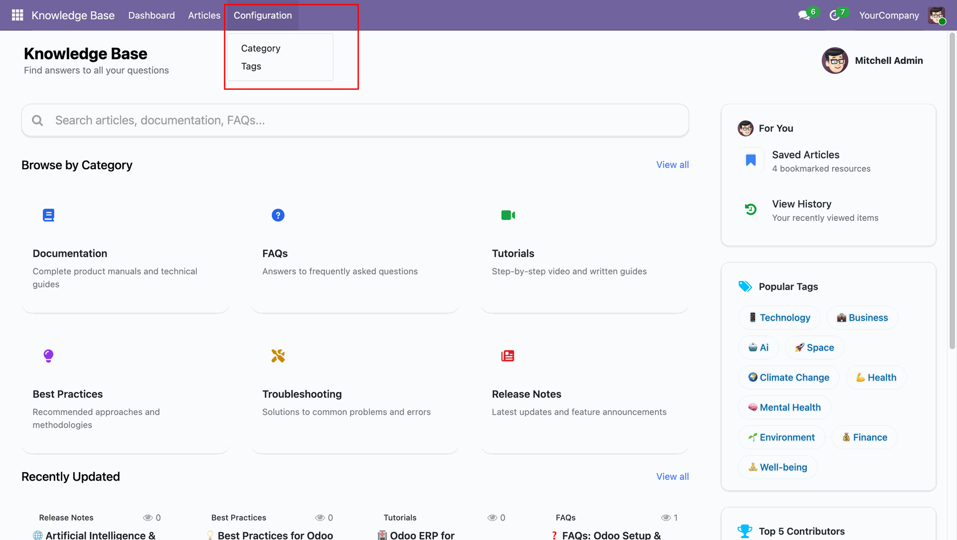  Categories and tags configuration menu