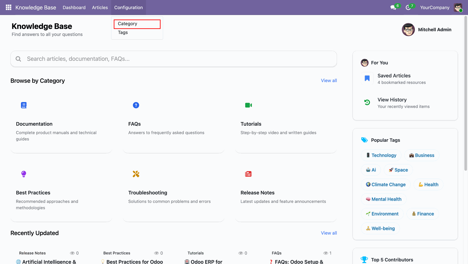 Navigate to category for managing content