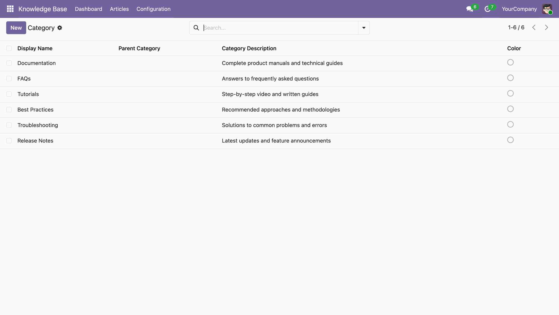 Category list view showing all categories