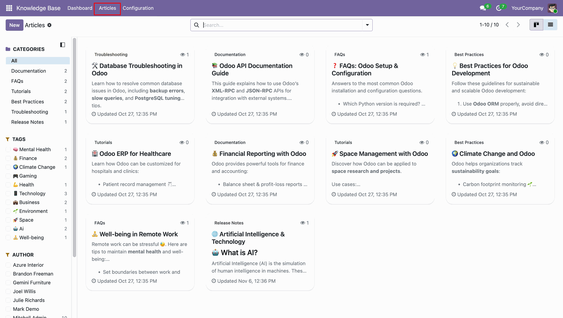 Articles menu with knowledge base articles in Kanban view