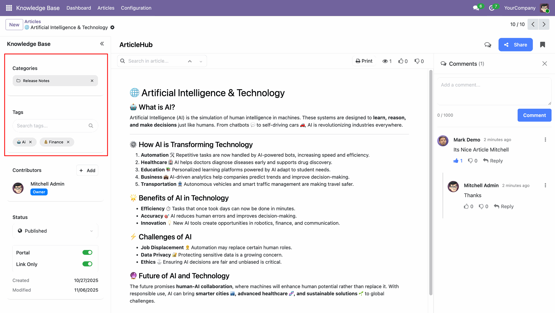 Manage categories and tags for your articles