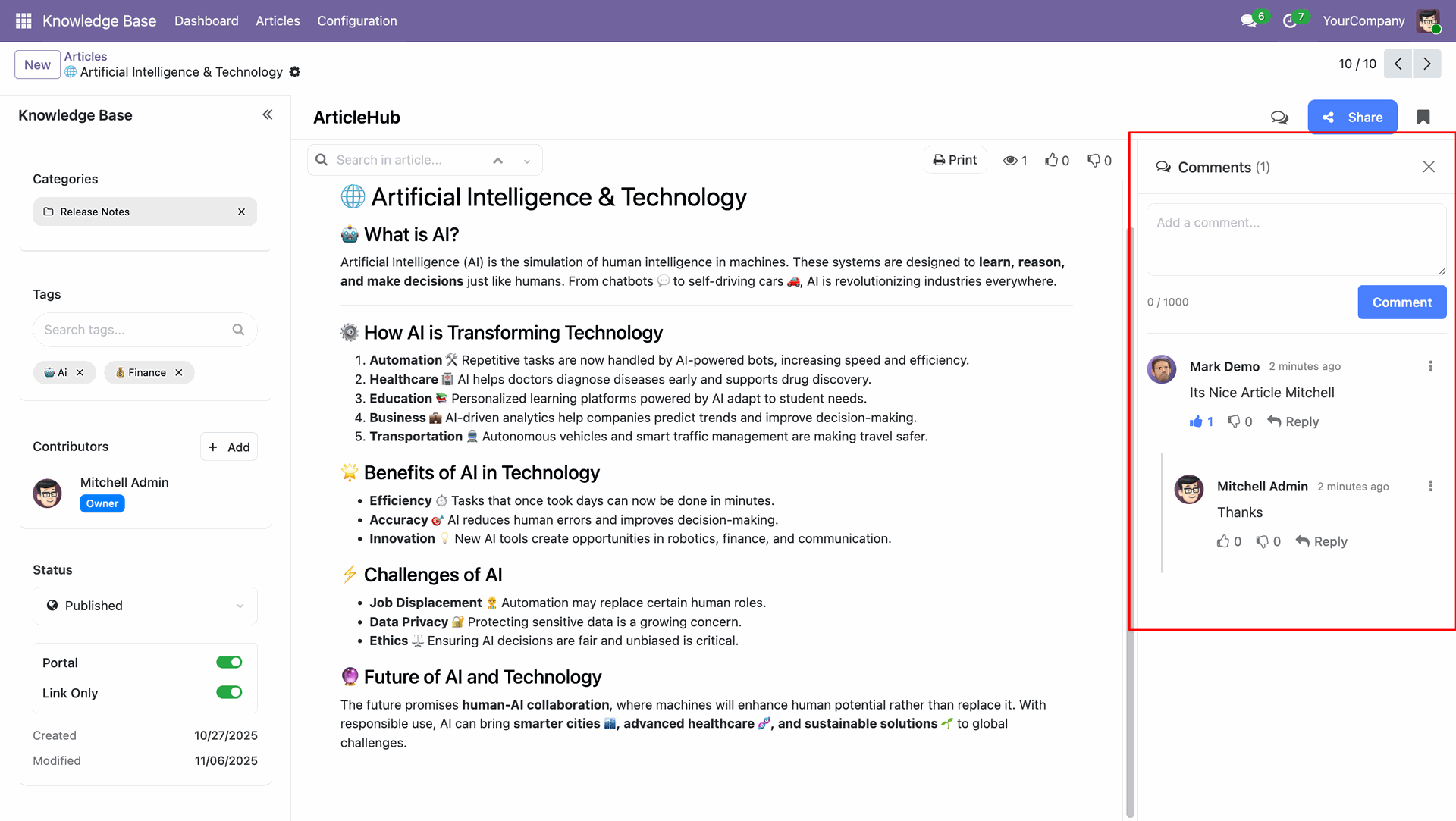 Comments section for articles with replies, likes, and discussions
