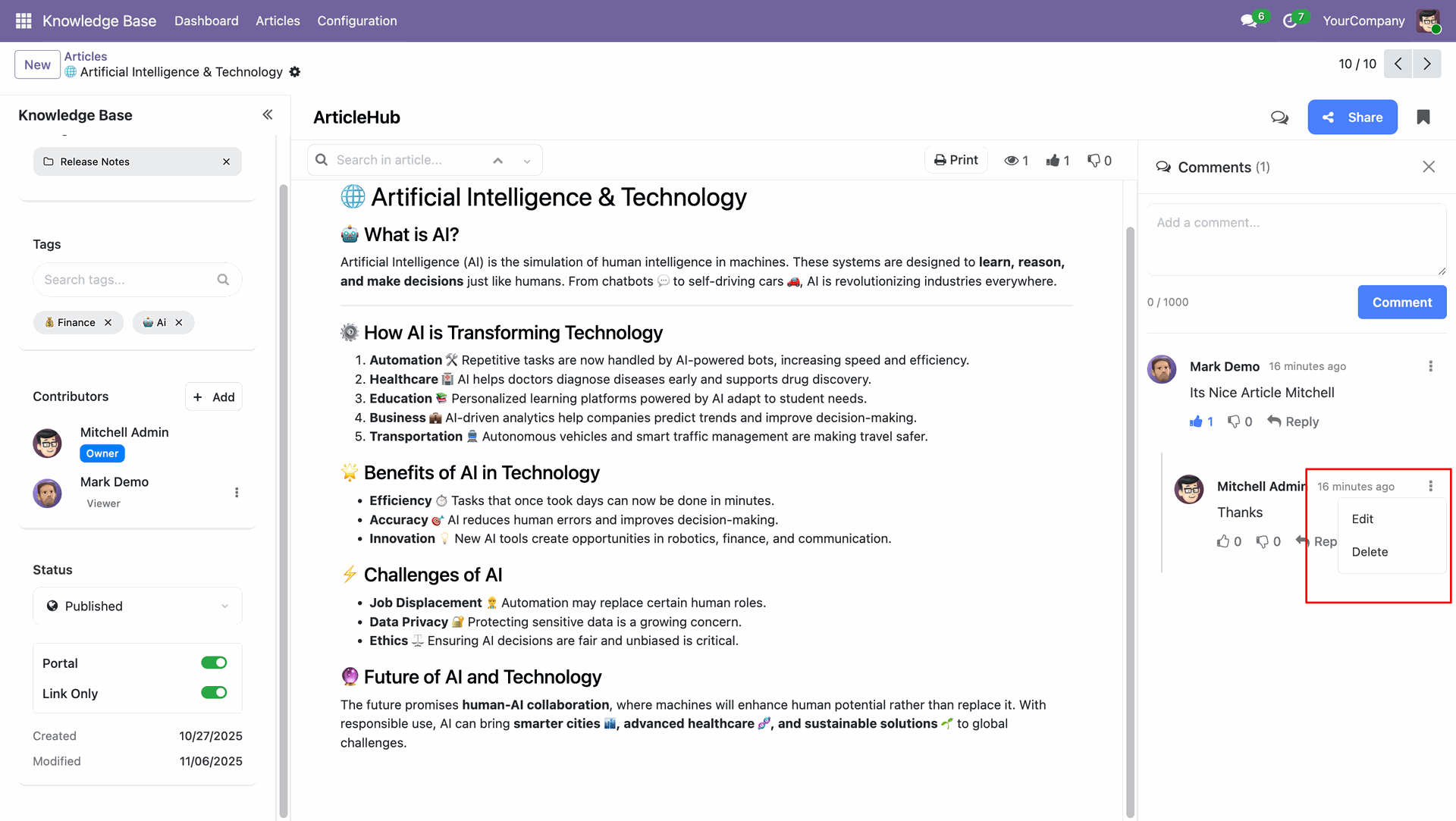 Edit or delete article comments 