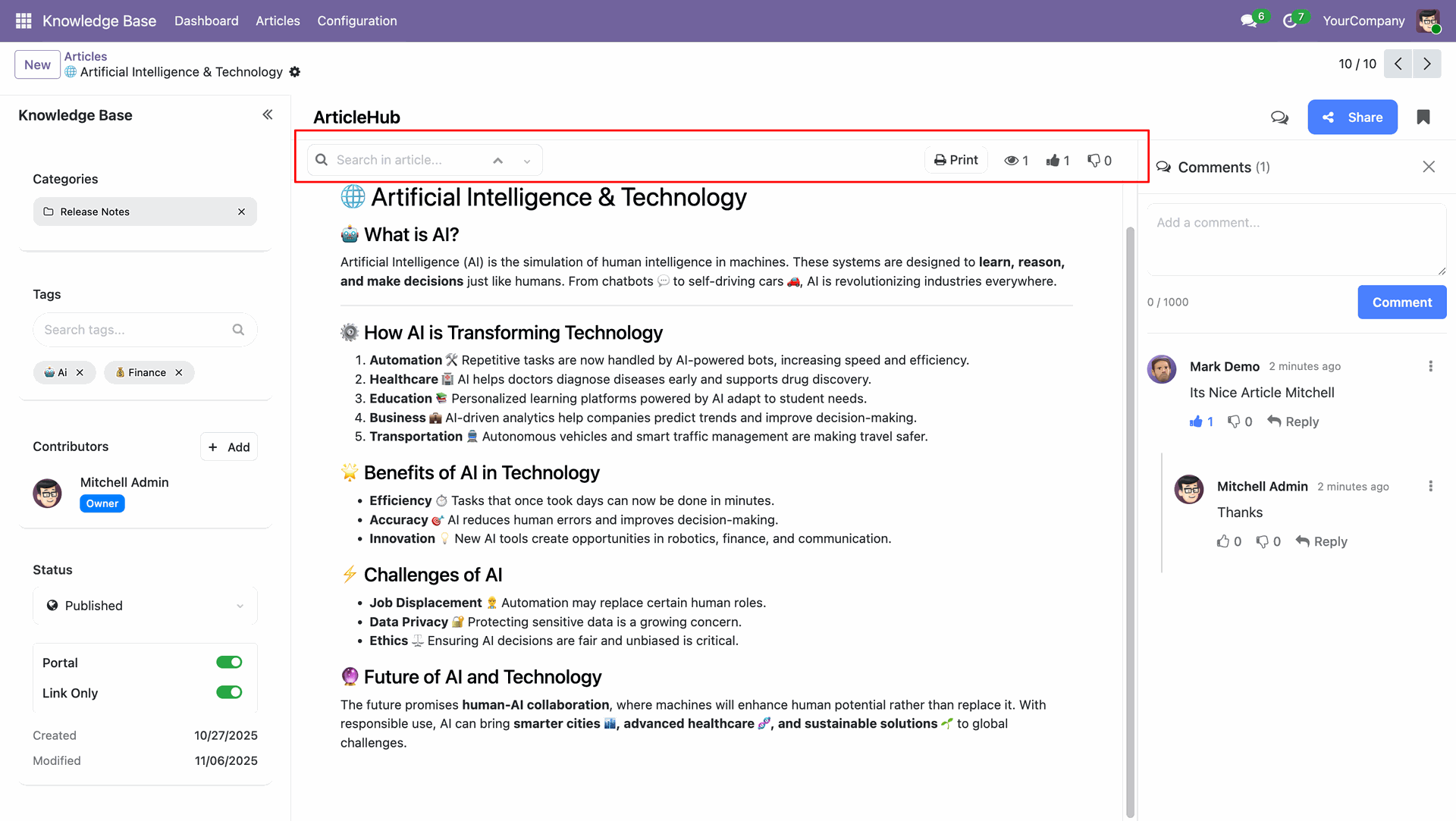 Article toolbar with search, filters, print, and engagement metrics