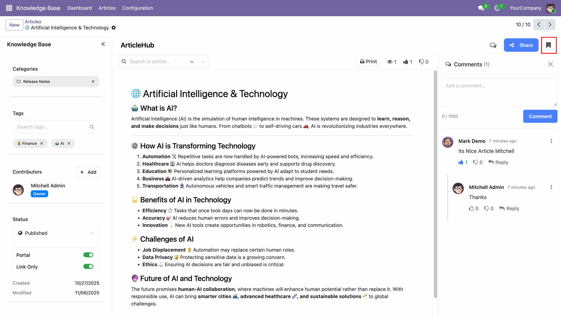 Bookmark an article for quick access and management 