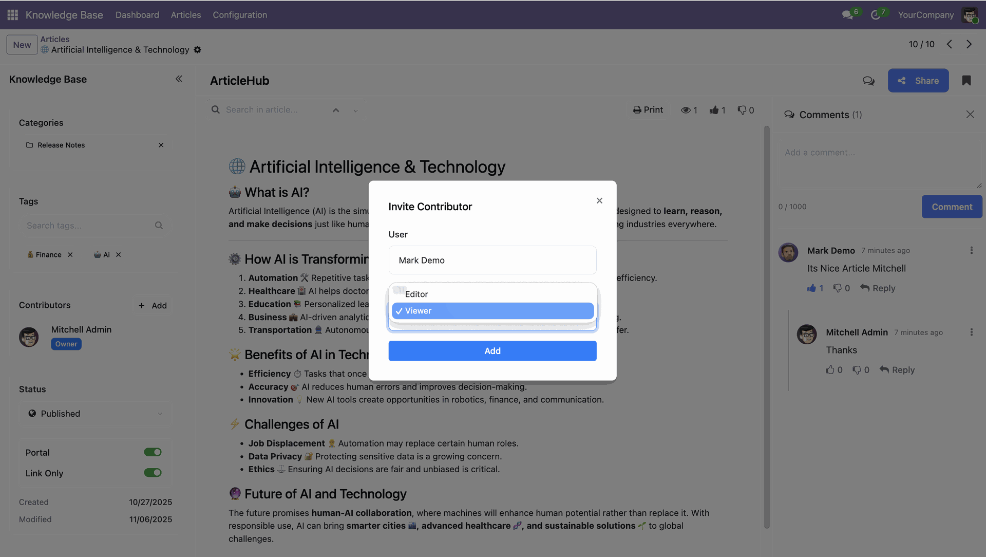 Set contributor roles for articles