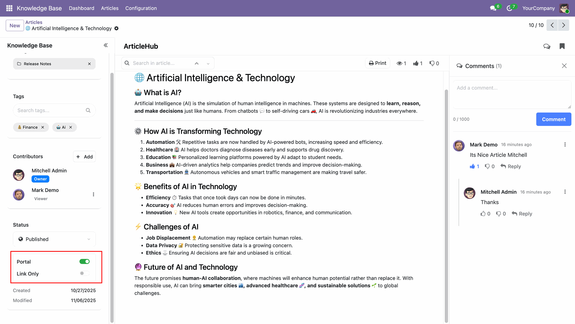 Control article visibility