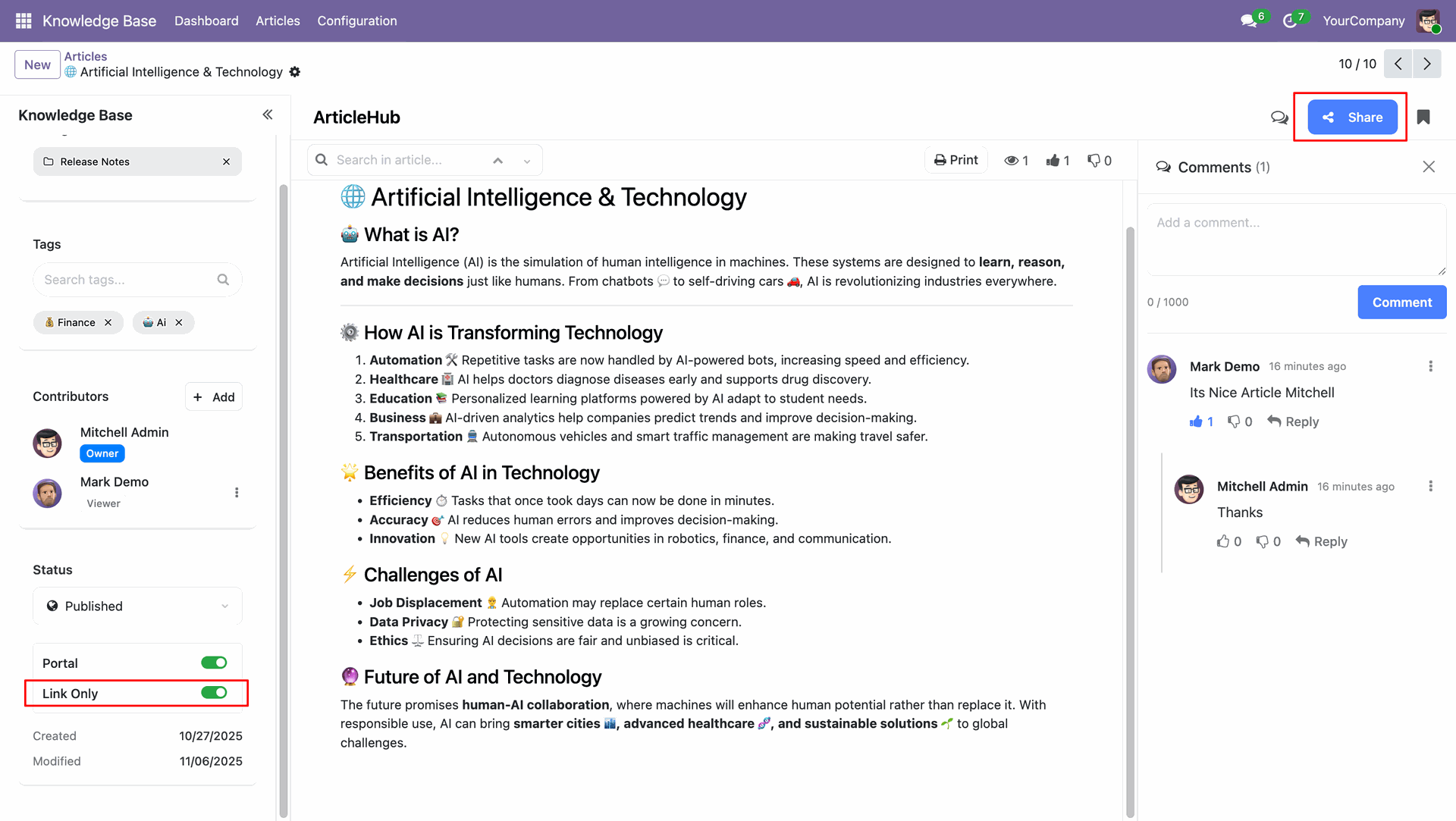 Share articles with links and invite contributors