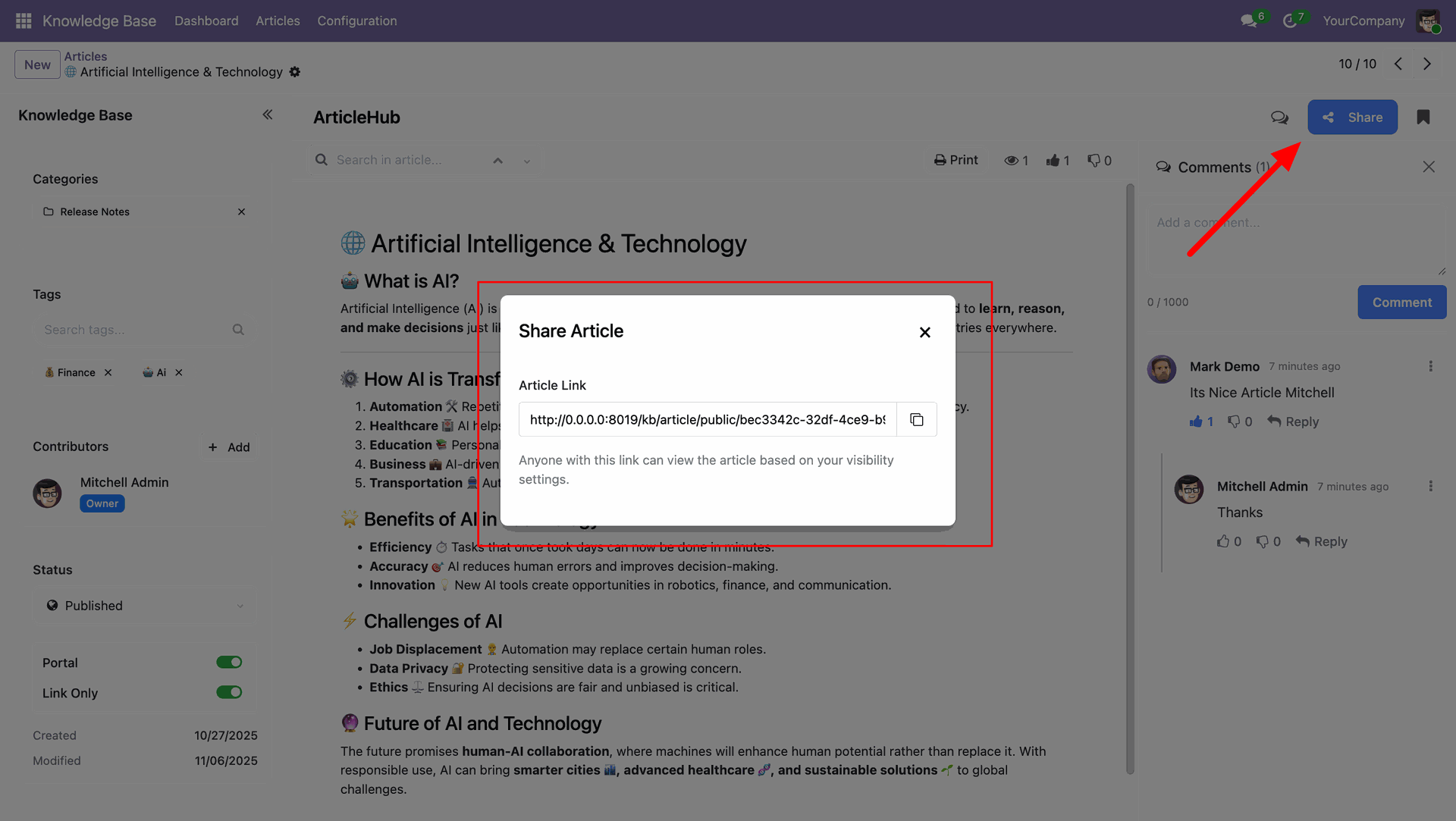 Shareable article link with visibility settings