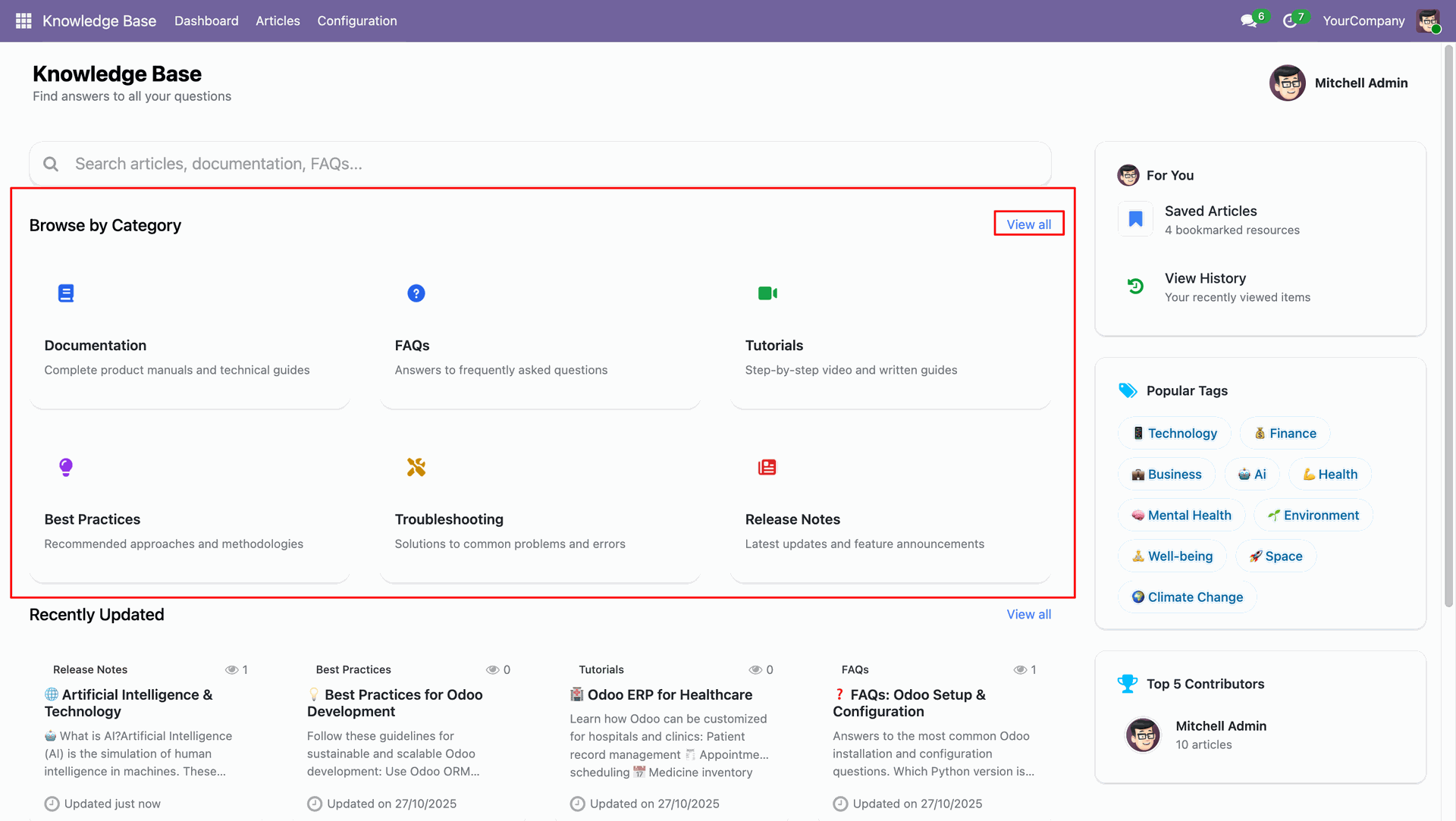 Browse by Category section for quick access to different knowledge areas 