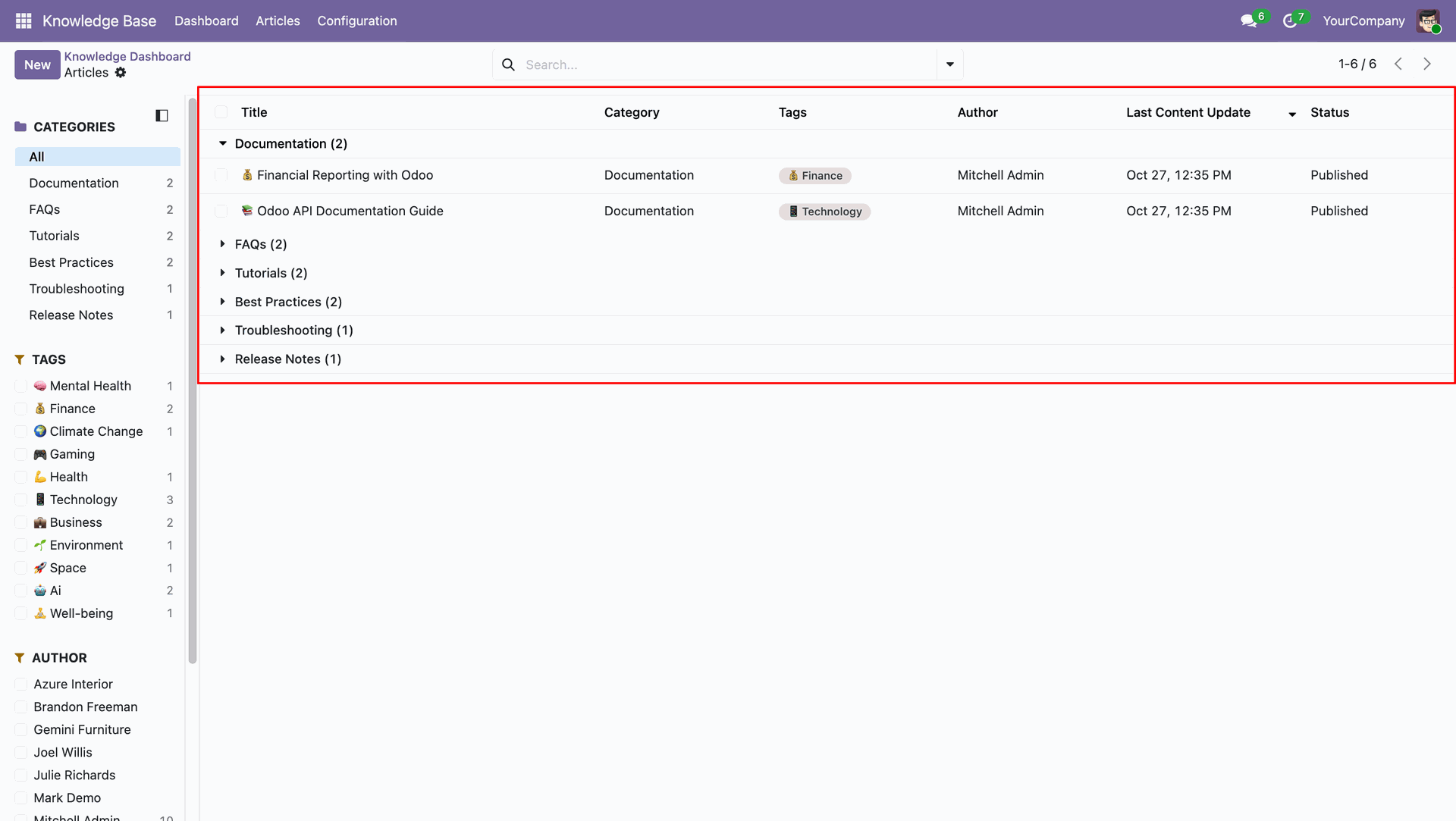 Knowledge base articles organized by category with article details
