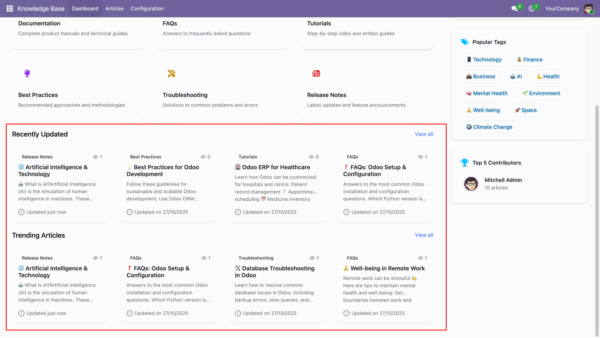 Recently Updated and Trending Articles dashboard
