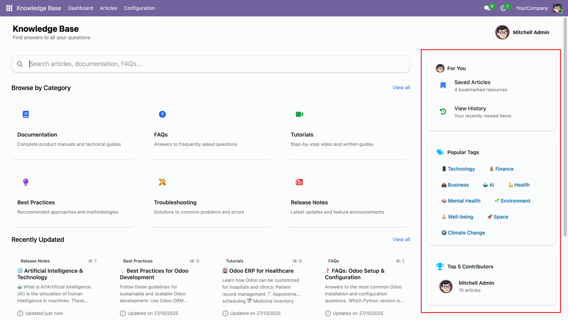 Knowledge Base user panel with saved articles, top contributors, and more 