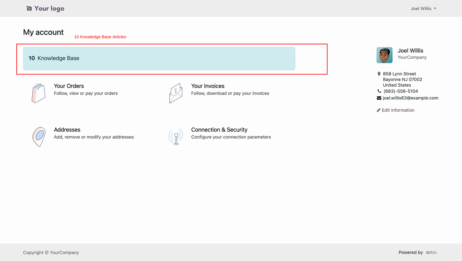 Customer portal dashboard with published Knowledge Base articles