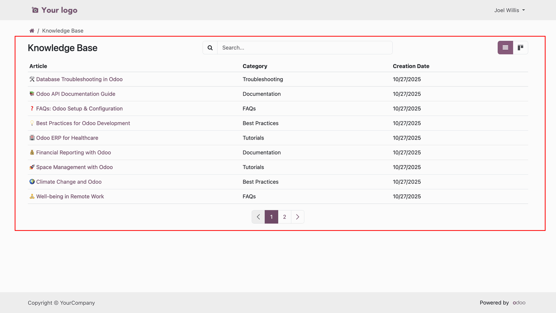 Knowledge Base articles list with search and pagination