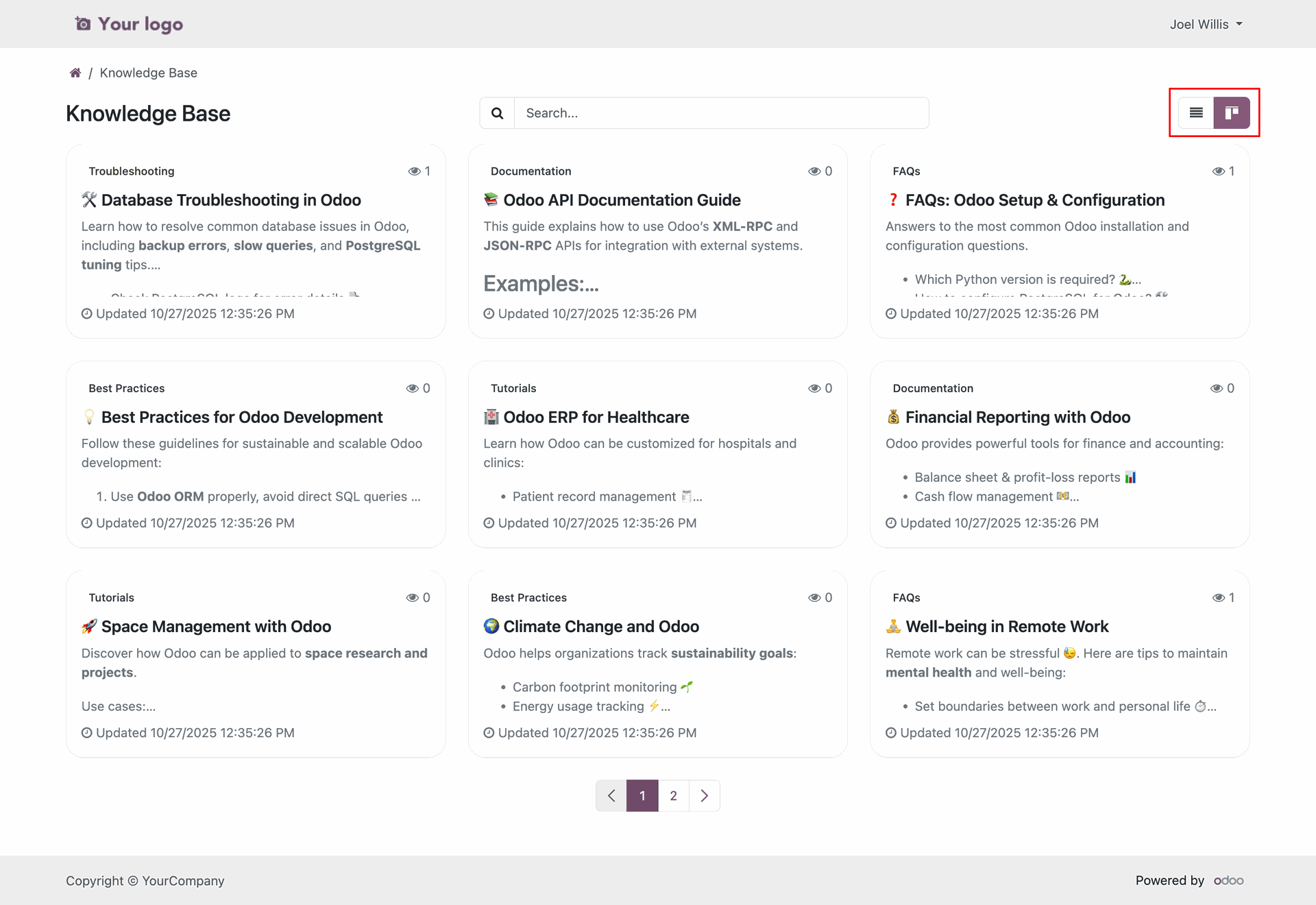 Knowledge Base articles in Kanban view with categories and article details