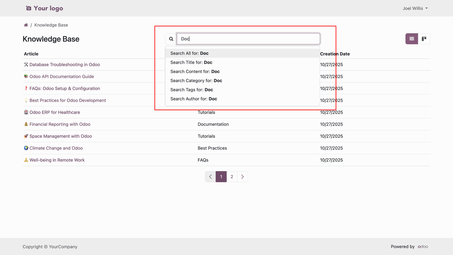 Knowledge Base smart search for articles by title, category, tags, and author.