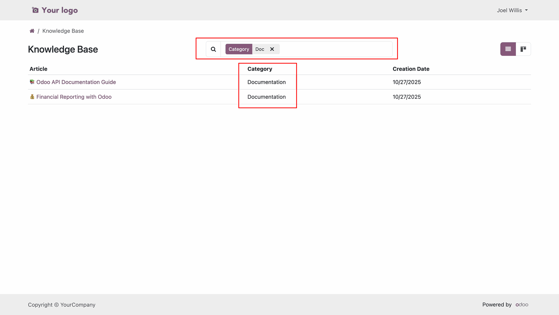 Knowledge Base article filtering by category