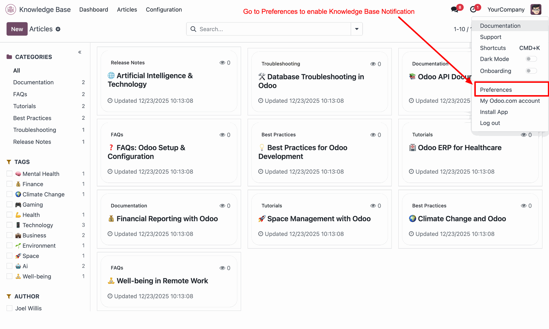 Access user preferences to enable Knowledge Base notifications