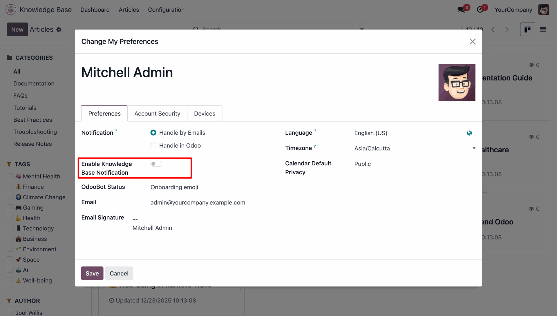 Enable Knowledge Base notifications in user preferences