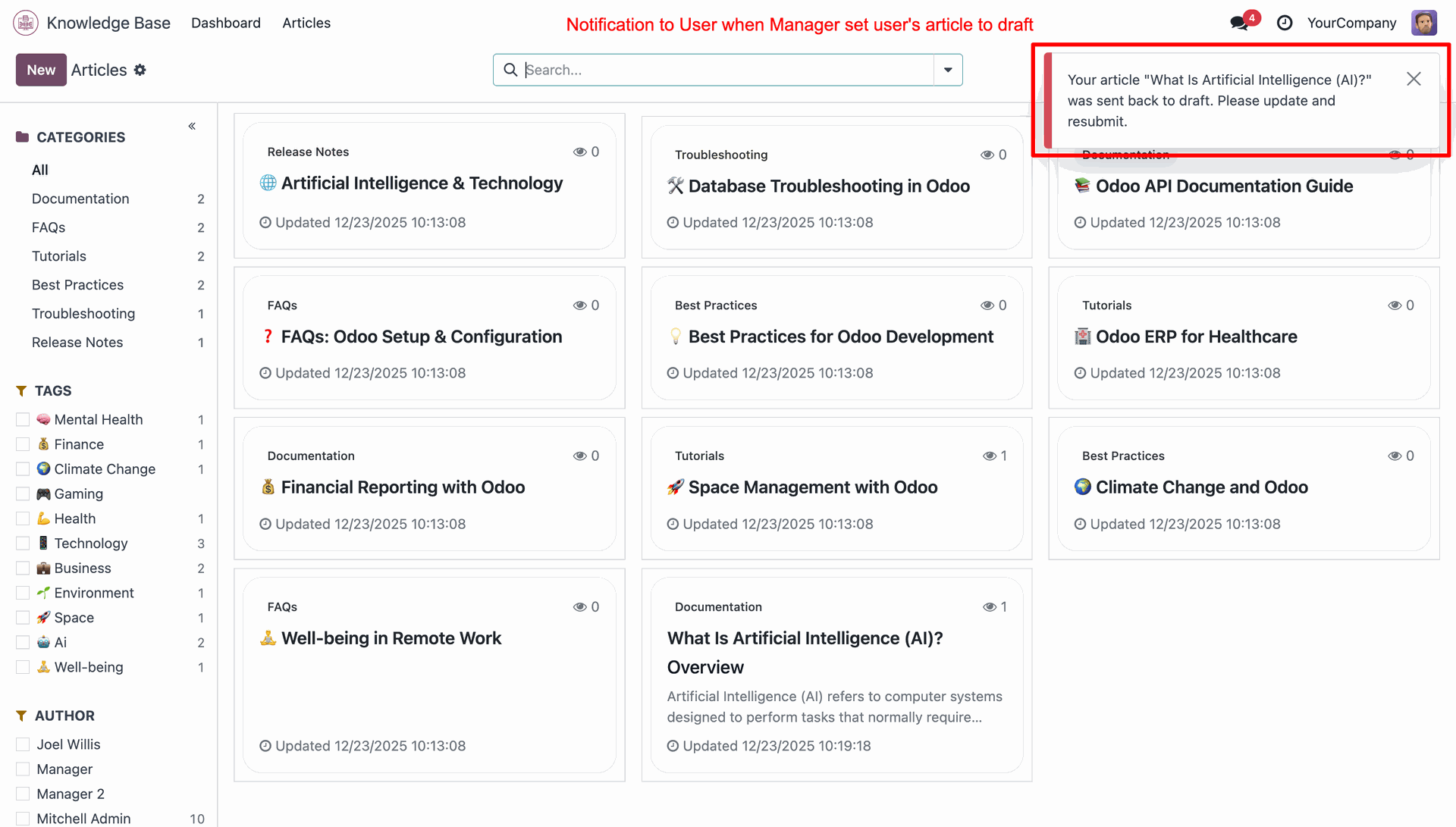Users are notified when an article is sent back to draft