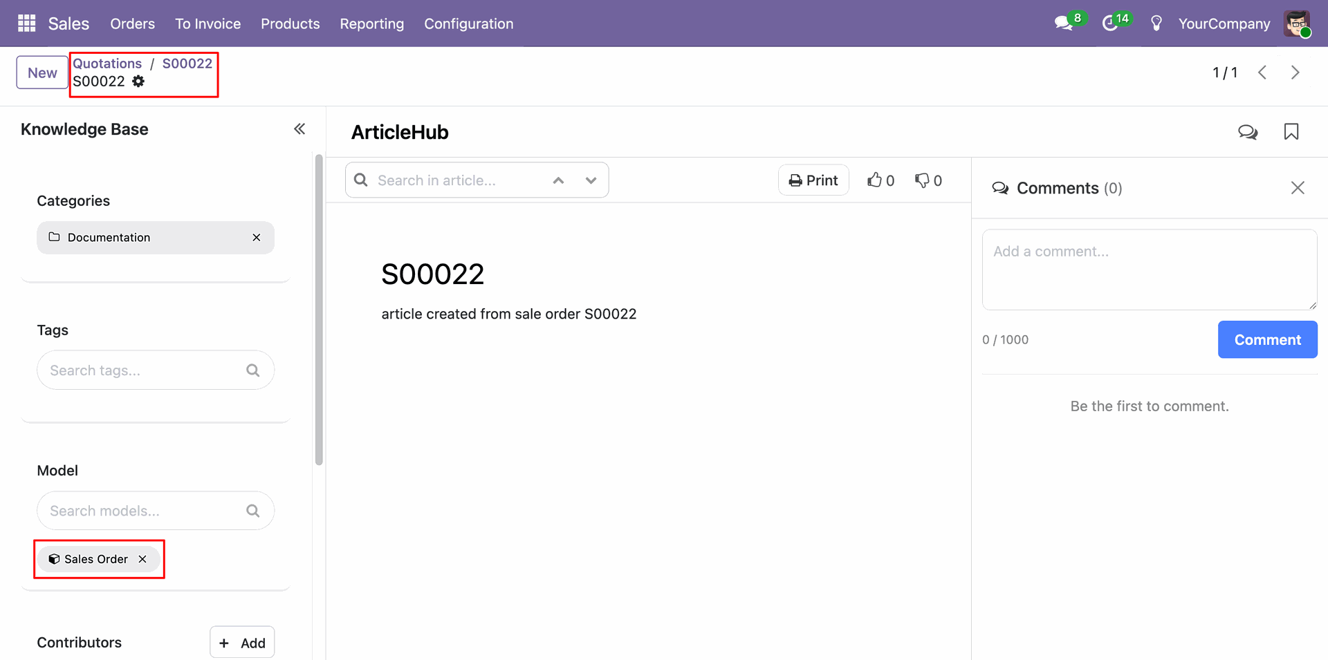 ArticleHub dashboard showing the form view of a document