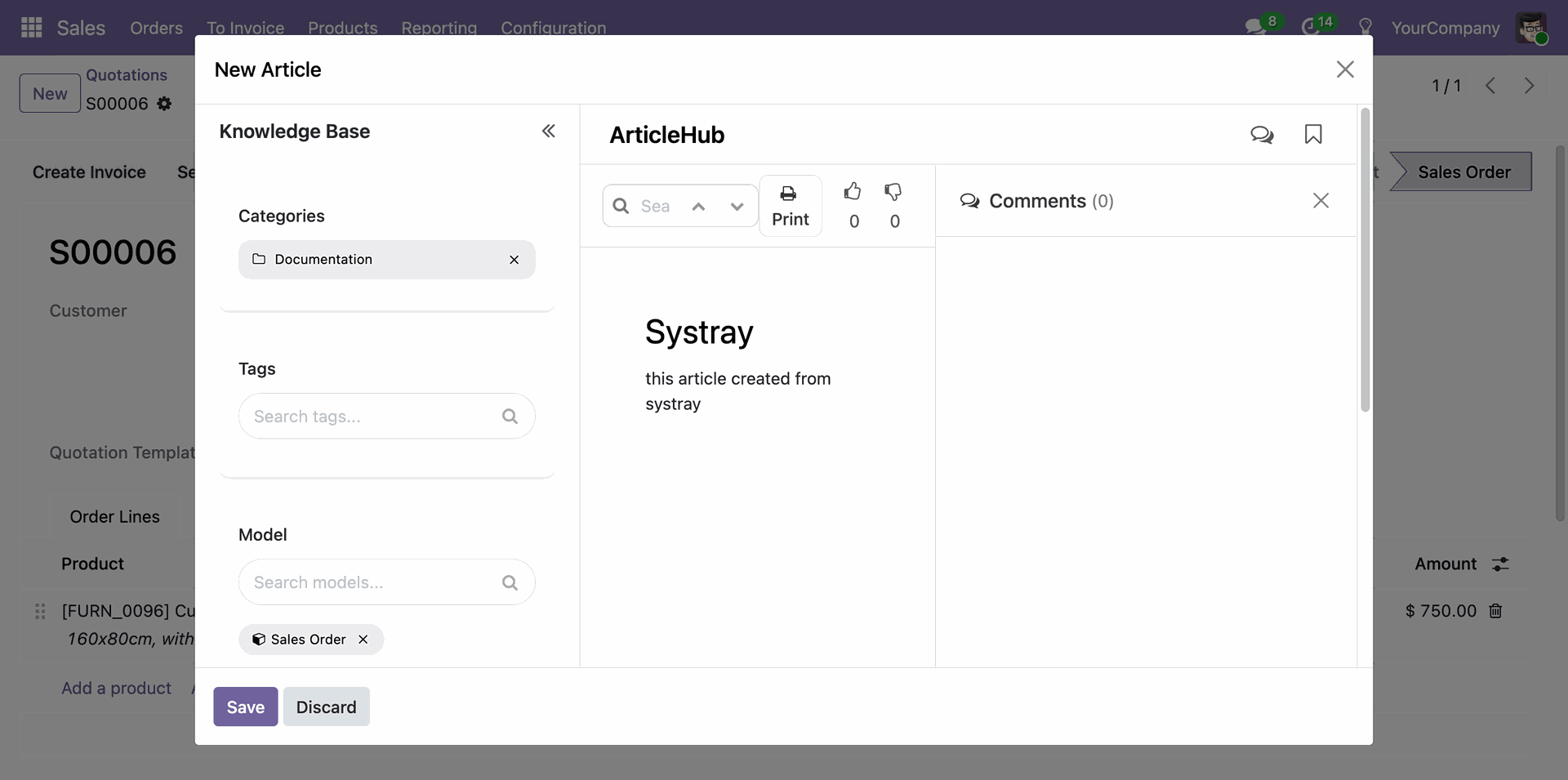 New article pop-up window with details and a save button