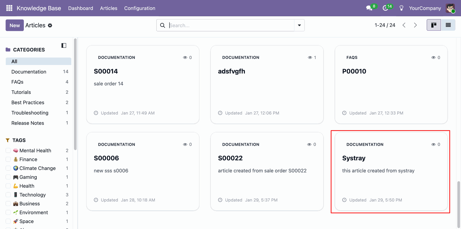Knowledge Base dashboard displaying the list of created articles