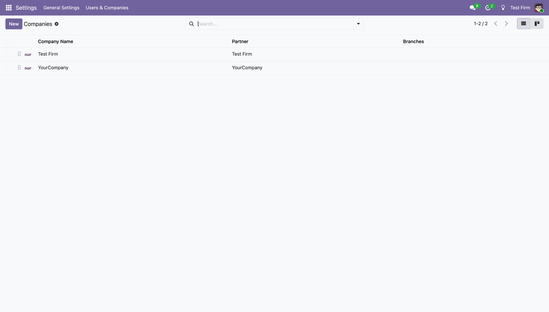 Dashboard displaying the list view of companies