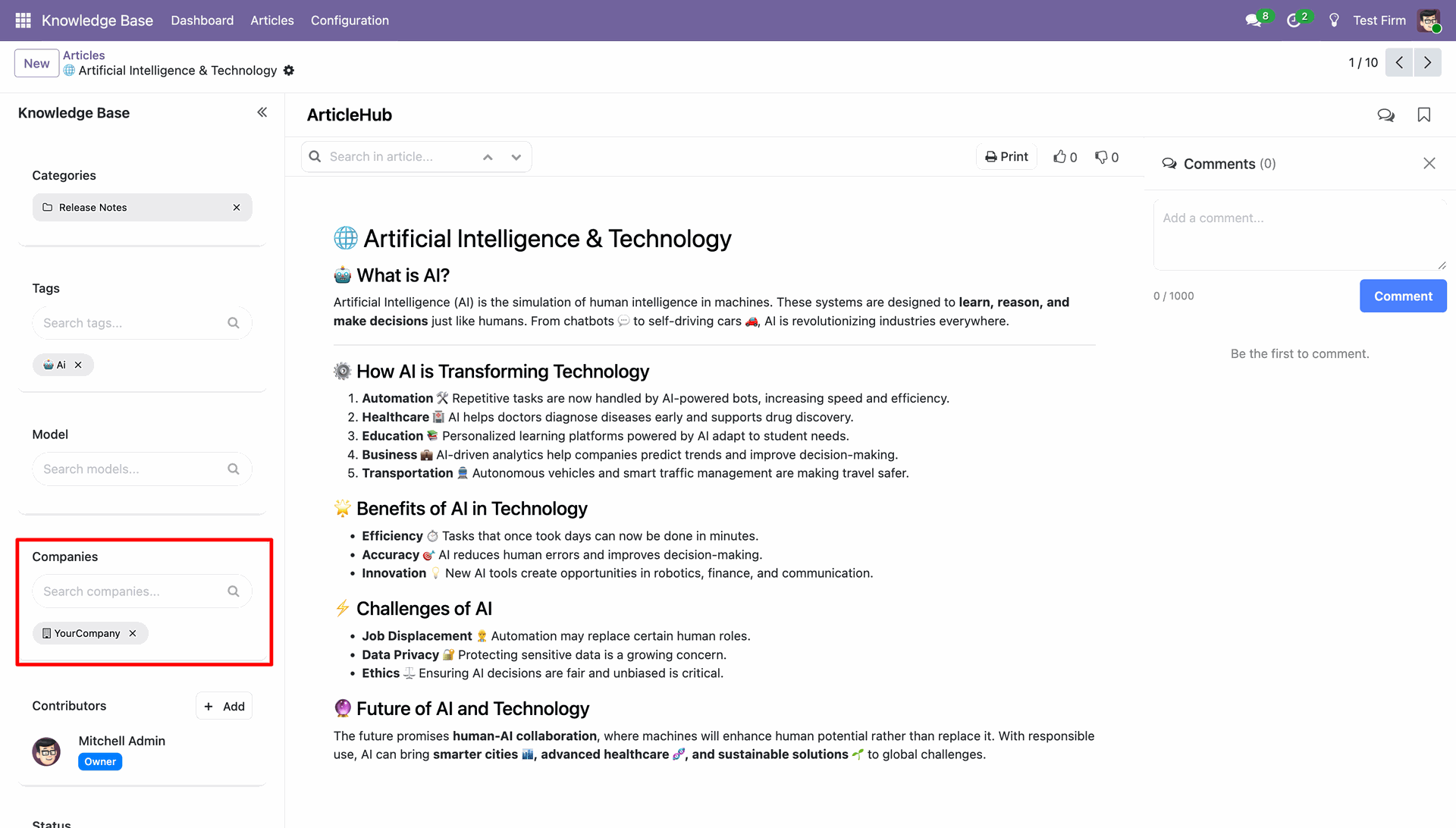Article view showing the highlighted Companies field in the sidebar