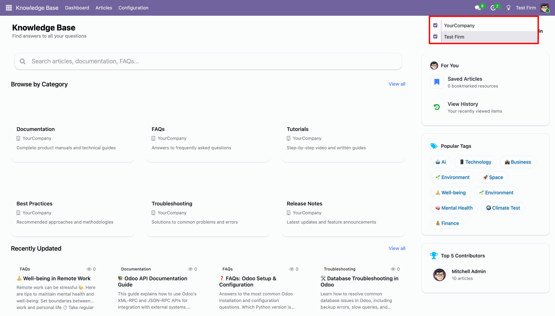Dashboard showing the highlighted multi-company dropdown menu