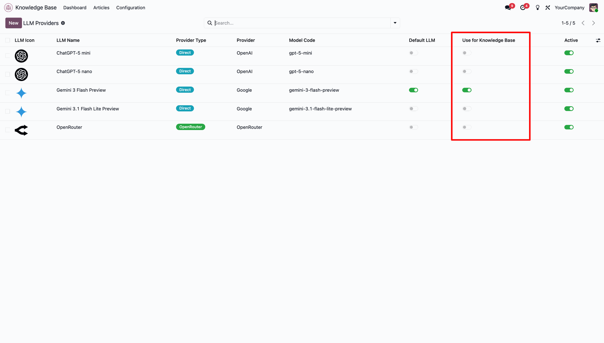 List view of LLM providers with the Knowledge Base toggle highlighted