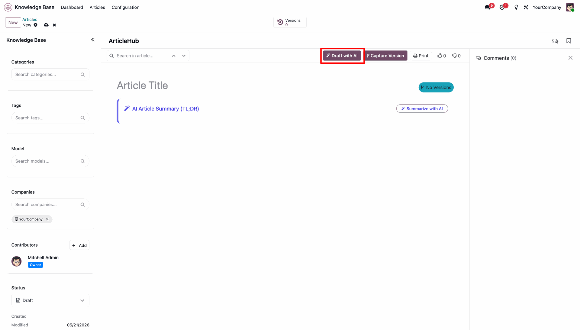 New article form highlighting the 'Draft with AI' button in the control panel 