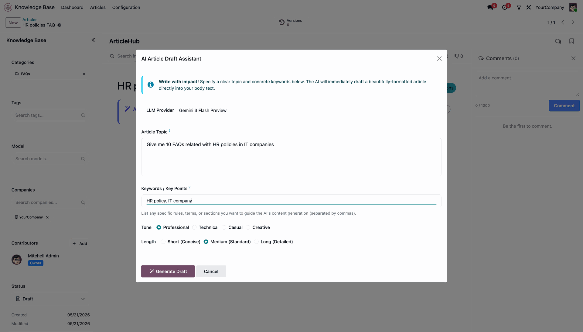 AI Article Draft Assistant wizard for entering the topic, keywords, tone, and word length